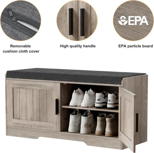 2-Tier Storage Bench, Shoe Bench with Thickened Padded Seat Cushion, Entryway Bench with 4 Doors, Adjustable Shelf, 13.8" D x 45.3" W x 18.5" H, for Entryway, Living Room, Bedroom, White
