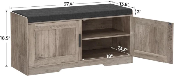 2-Tier Storage Bench, Shoe Bench with Thickened Padded Seat Cushion, Entryway Bench with 4 Doors, Adjustable Shelf, 13.8" D x 45.3" W x 18.5" H, for Entryway, Living Room, Bedroom, White