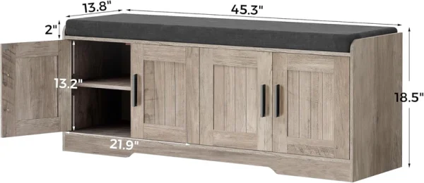 2-Tier Storage Bench, Shoe Bench with Thickened Padded Seat Cushion, Entryway Bench with 4 Doors, Adjustable Shelf, 13.8" D x 45.3" W x 18.5" H, for Entryway, Living Room, Bedroom, White
