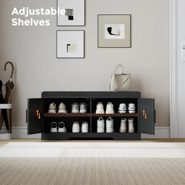 2-Tier Storage Bench, Shoe Bench with Thickened Padded Seat Cushion, Entryway Bench with 4 Doors, Adjustable Shelf, 13.8" D x 45.3" W x 18.5" H, for Entryway, Living Room, Bedroom, White