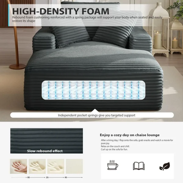 50 Inch Chaise Lounge Chair Indoor, Oversized Corduroy Upholstered Boneless Sofa Bed, Deep Seat Sleeper Couch Reading Chairs, Cloud Sofas Couches for Living Room, No Assembly Required (Dark Grey)