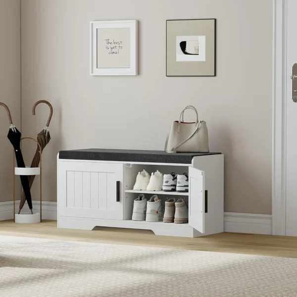 2-Tier Storage Bench, Shoe Bench with Thickened Padded Seat Cushion, Entryway Bench with 4 Doors, Adjustable Shelf, 13.8" D x 45.3" W x 18.5" H, for Entryway, Living Room, Bedroom, White