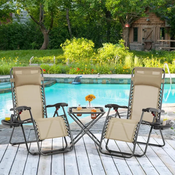 3PCS Zero Gravity Recliner Portable Outdoor Reclining Chair Set Side Table Lounge Chairs