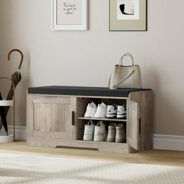 2-Tier Storage Bench, Shoe Bench with Thickened Padded Seat Cushion, Entryway Bench with 4 Doors, Adjustable Shelf, 13.8" D x 45.3" W x 18.5" H, for Entryway, Living Room, Bedroom, White