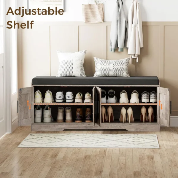 2-Tier Storage Bench, Shoe Bench with Thickened Padded Seat Cushion, Entryway Bench with 4 Doors, Adjustable Shelf, 13.8" D x 45.3" W x 18.5" H, for Entryway, Living Room, Bedroom, White