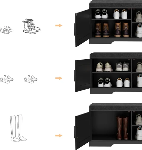 2-Tier Storage Bench, Shoe Bench with Thickened Padded Seat Cushion, Entryway Bench with 4 Doors, Adjustable Shelf, 13.8" D x 45.3" W x 18.5" H, for Entryway, Living Room, Bedroom, White