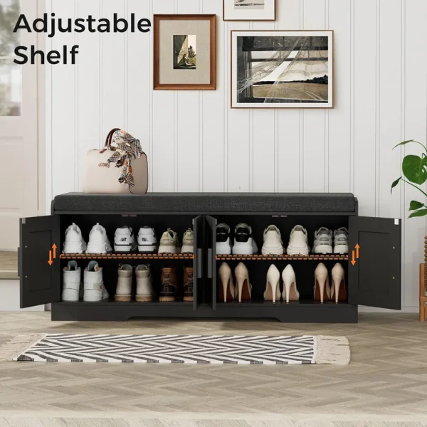 2-Tier Storage Bench, Shoe Bench with Thickened Padded Seat Cushion, Entryway Bench with 4 Doors, Adjustable Shelf, 13.8" D x 45.3" W x 18.5" H, for Entryway, Living Room, Bedroom, White