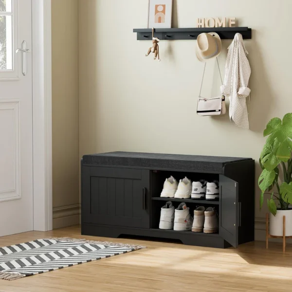2-Tier Storage Bench, Shoe Bench with Thickened Padded Seat Cushion, Entryway Bench with 4 Doors, Adjustable Shelf, 13.8" D x 45.3" W x 18.5" H, for Entryway, Living Room, Bedroom, White