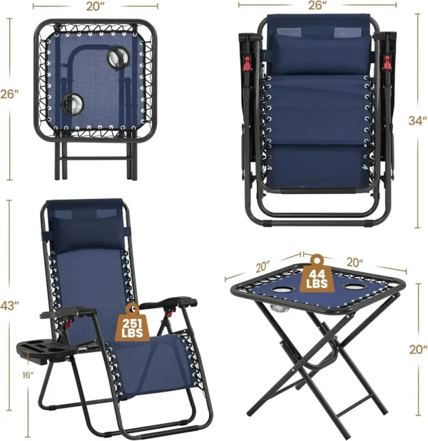 3PCS Zero Gravity Recliner Portable Outdoor Reclining Chair Set Side Table Lounge Chairs