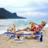 3-in-1 Beach Chair Face Holes Lounge Chair Outdoor with Folding Side Table 5-Position Recliner, Lay Flat Removable Pillow Heavy Duty, Max 330lbs, Poolside, Patio, Camping Backyard Striped Blue