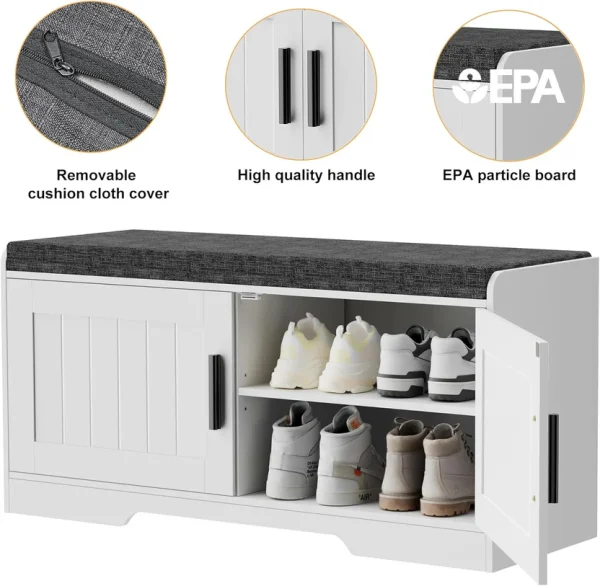 2-Tier Storage Bench, Shoe Bench with Thickened Padded Seat Cushion, Entryway Bench with 4 Doors, Adjustable Shelf, 13.8" D x 45.3" W x 18.5" H, for Entryway, Living Room, Bedroom, White