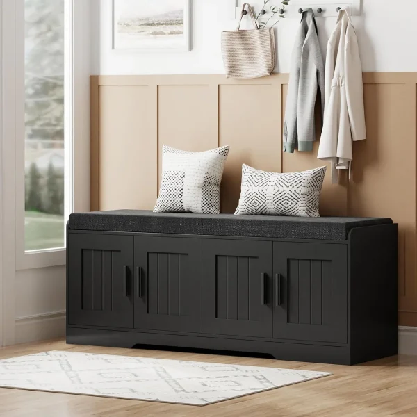 2-Tier Storage Bench, Shoe Bench with Thickened Padded Seat Cushion, Entryway Bench with 4 Doors, Adjustable Shelf, 13.8" D x 45.3" W x 18.5" H, for Entryway, Living Room, Bedroom, White