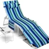 3-in-1 Beach Chair Face Holes Lounge Chair Outdoor with Folding Side Table 5-Position Recliner, Lay Flat Removable Pillow Heavy Duty, Max 330lbs, Poolside, Patio, Camping Backyard Striped Blue