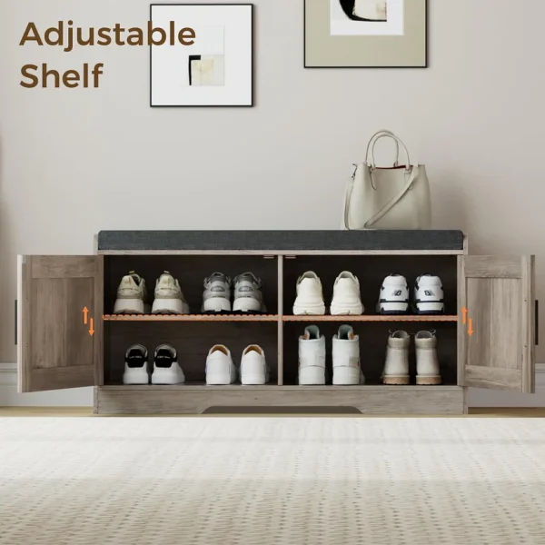 2-Tier Storage Bench, Shoe Bench with Thickened Padded Seat Cushion, Entryway Bench with 4 Doors, Adjustable Shelf, 13.8" D x 45.3" W x 18.5" H, for Entryway, Living Room, Bedroom, White