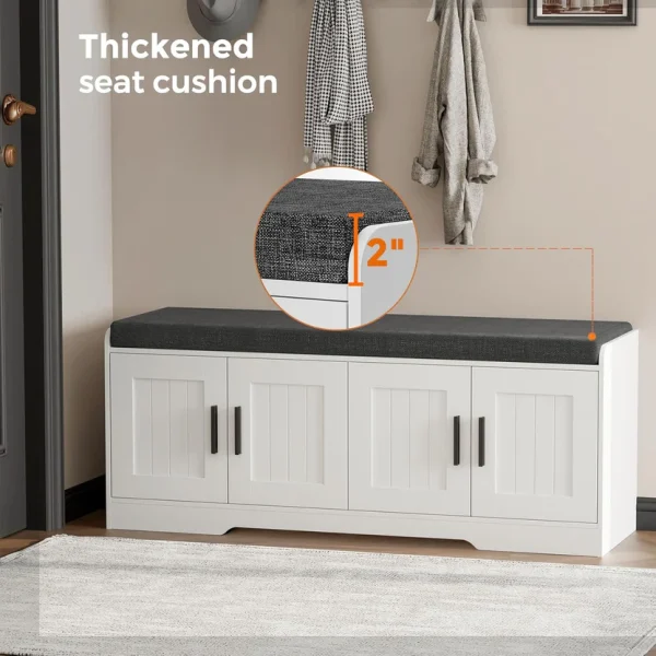 2-Tier Storage Bench, Shoe Bench with Thickened Padded Seat Cushion, Entryway Bench with 4 Doors, Adjustable Shelf, 13.8" D x 45.3" W x 18.5" H, for Entryway, Living Room, Bedroom, White