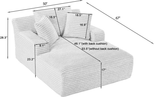 50 Inch Chaise Lounge Chair Indoor, Oversized Corduroy Upholstered Boneless Sofa Bed, Deep Seat Sleeper Couch Reading Chairs, Cloud Sofas Couches for Living Room, No Assembly Required (Dark Grey)