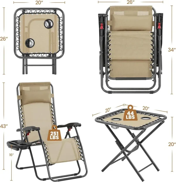 3PCS Zero Gravity Recliner Portable Outdoor Reclining Chair Set Side Table Lounge Chairs