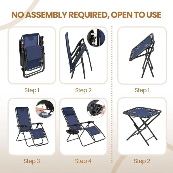 3PCS Zero Gravity Recliner Portable Outdoor Reclining Chair Set Side Table Lounge Chairs
