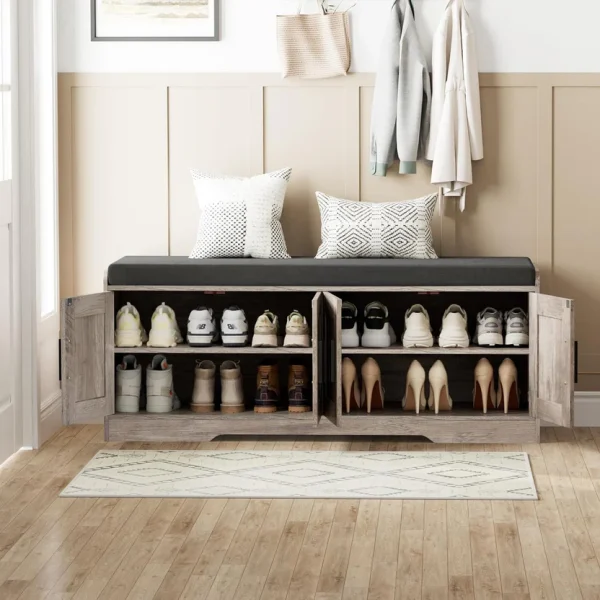 2-Tier Storage Bench, Shoe Bench with Thickened Padded Seat Cushion, Entryway Bench with 4 Doors, Adjustable Shelf, 13.8" D x 45.3" W x 18.5" H, for Entryway, Living Room, Bedroom, White