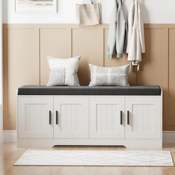 2-Tier Storage Bench, Shoe Bench with Thickened Padded Seat Cushion, Entryway Bench with 4 Doors, Adjustable Shelf, 13.8" D x 45.3" W x 18.5" H, for Entryway, Living Room, Bedroom, White