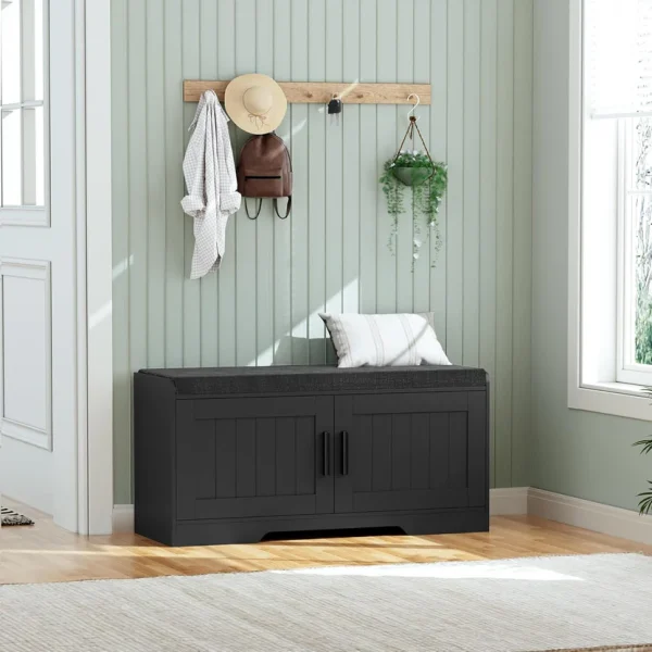 2-Tier Storage Bench, Shoe Bench with Thickened Padded Seat Cushion, Entryway Bench with 4 Doors, Adjustable Shelf, 13.8" D x 45.3" W x 18.5" H, for Entryway, Living Room, Bedroom, White