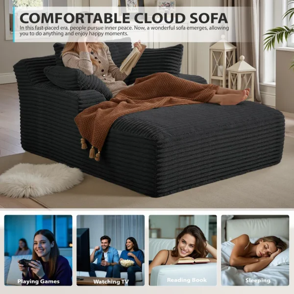 50 Inch Chaise Lounge Chair Indoor, Oversized Corduroy Upholstered Boneless Sofa Bed, Deep Seat Sleeper Couch Reading Chairs, Cloud Sofas Couches for Living Room, No Assembly Required (Dark Grey)