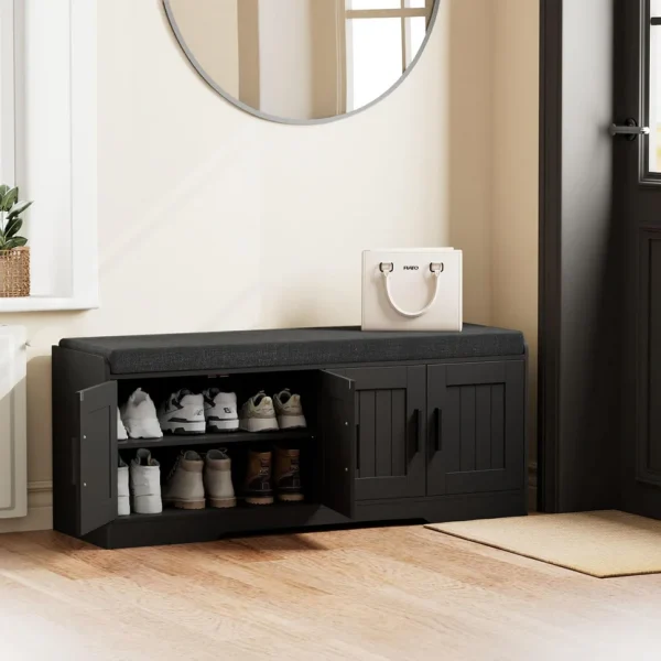 2-Tier Storage Bench, Shoe Bench with Thickened Padded Seat Cushion, Entryway Bench with 4 Doors, Adjustable Shelf, 13.8" D x 45.3" W x 18.5" H, for Entryway, Living Room, Bedroom, White