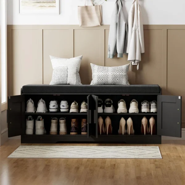2-Tier Storage Bench, Shoe Bench with Thickened Padded Seat Cushion, Entryway Bench with 4 Doors, Adjustable Shelf, 13.8" D x 45.3" W x 18.5" H, for Entryway, Living Room, Bedroom, White