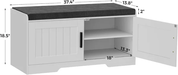 2-Tier Storage Bench, Shoe Bench with Thickened Padded Seat Cushion, Entryway Bench with 4 Doors, Adjustable Shelf, 13.8" D x 45.3" W x 18.5" H, for Entryway, Living Room, Bedroom, White