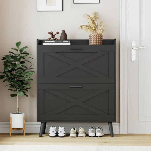 32" wide farmhouse shoe cabinet with 2 flip-top drawers and barn door design, adjustable shelves