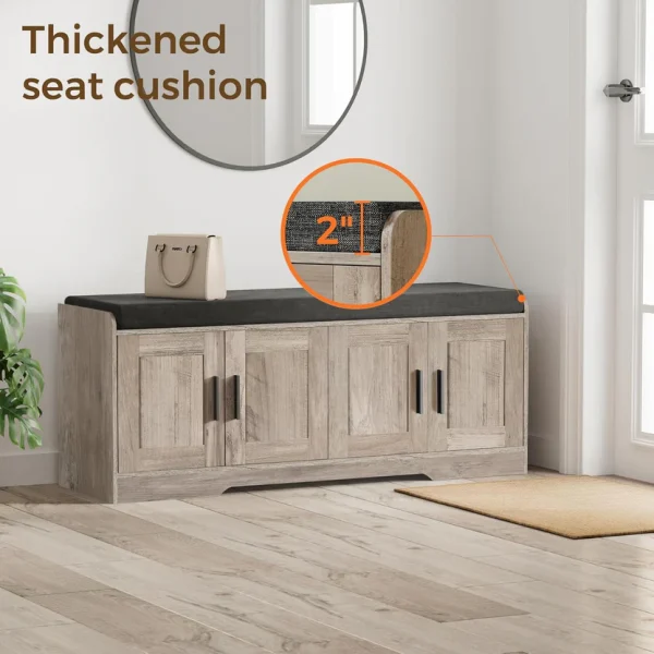 2-Tier Storage Bench, Shoe Bench with Thickened Padded Seat Cushion, Entryway Bench with 4 Doors, Adjustable Shelf, 13.8" D x 45.3" W x 18.5" H, for Entryway, Living Room, Bedroom, White