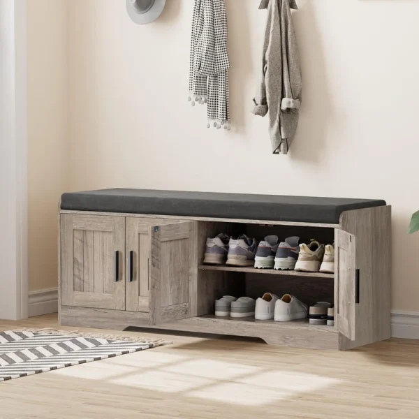 2-Tier Storage Bench, Shoe Bench with Thickened Padded Seat Cushion, Entryway Bench with 4 Doors, Adjustable Shelf, 13.8" D x 45.3" W x 18.5" H, for Entryway, Living Room, Bedroom, White