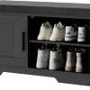 2-Tier Storage Bench, Shoe Bench with Thickened Padded Seat Cushion, Entryway Bench with 4 Doors, Adjustable Shelf, 13.8" D x 45.3" W x 18.5" H, for Entryway, Living Room, Bedroom, White