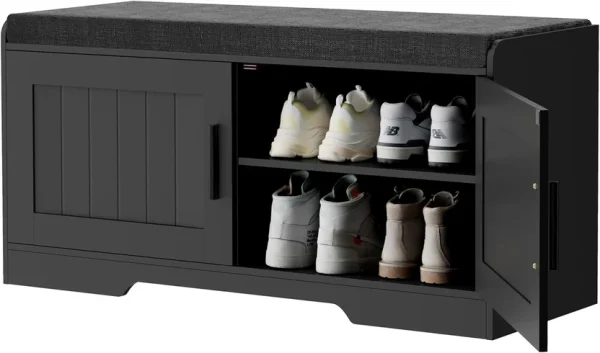2-Tier Storage Bench, Shoe Bench with Thickened Padded Seat Cushion, Entryway Bench with 4 Doors, Adjustable Shelf, 13.8" D x 45.3" W x 18.5" H, for Entryway, Living Room, Bedroom, White