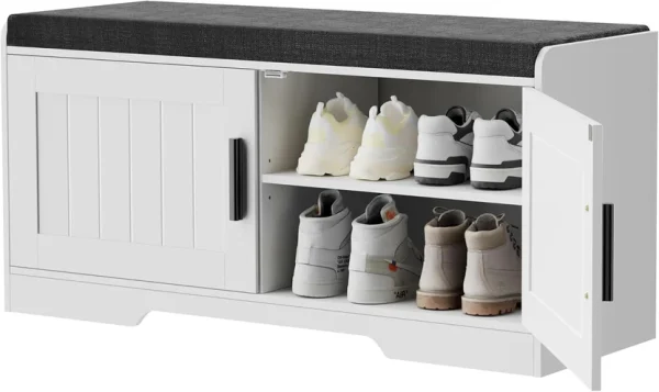 2-Tier Storage Bench, Shoe Bench with Thickened Padded Seat Cushion, Entryway Bench with 4 Doors, Adjustable Shelf, 13.8" D x 45.3" W x 18.5" H, for Entryway, Living Room, Bedroom, White