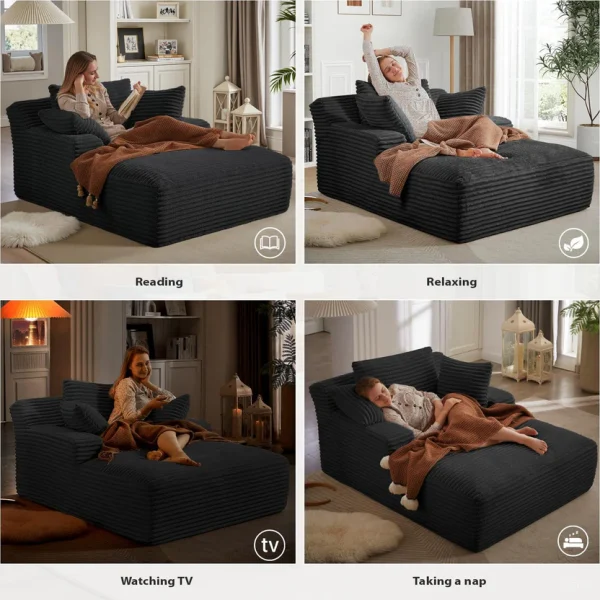 50 Inch Chaise Lounge Chair Indoor, Oversized Corduroy Upholstered Boneless Sofa Bed, Deep Seat Sleeper Couch Reading Chairs, Cloud Sofas Couches for Living Room, No Assembly Required (Dark Grey)