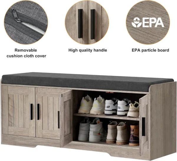2-Tier Storage Bench, Shoe Bench with Thickened Padded Seat Cushion, Entryway Bench with 4 Doors, Adjustable Shelf, 13.8" D x 45.3" W x 18.5" H, for Entryway, Living Room, Bedroom, White