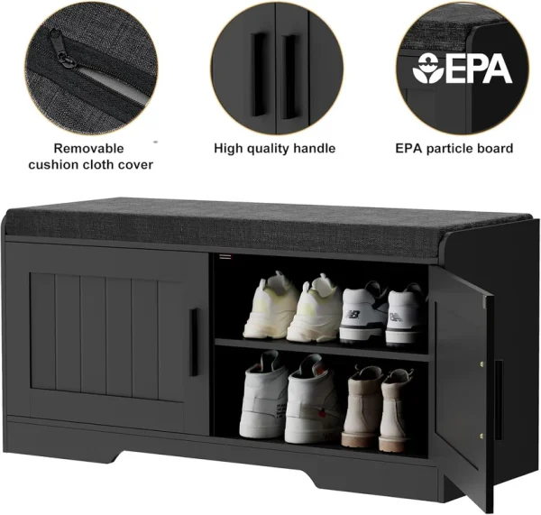 2-Tier Storage Bench, Shoe Bench with Thickened Padded Seat Cushion, Entryway Bench with 4 Doors, Adjustable Shelf, 13.8" D x 45.3" W x 18.5" H, for Entryway, Living Room, Bedroom, White