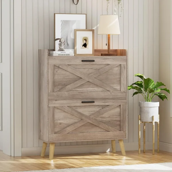 32" wide farmhouse shoe cabinet with 2 flip-top drawers and barn door design, adjustable shelves