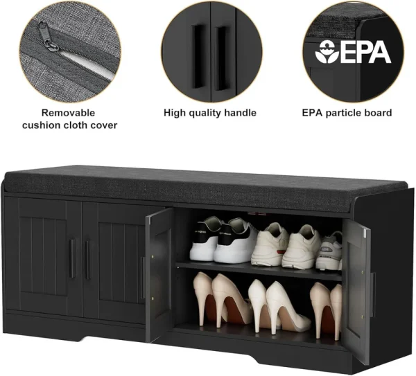 2-Tier Storage Bench, Shoe Bench with Thickened Padded Seat Cushion, Entryway Bench with 4 Doors, Adjustable Shelf, 13.8" D x 45.3" W x 18.5" H, for Entryway, Living Room, Bedroom, White